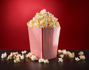 Red Popcorn Box with Popcorn Against Vivid Red Background