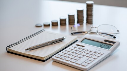 Stack of coins, calculator, notebook, pen, and glasses on white table for financial planning, accounting, and investment analysis