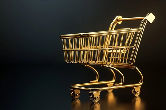 Luxury golden shopping cart on black background with dramatic lighting.