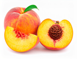 Fresh peach with water drops isolated on white background, juicy summer fruit.