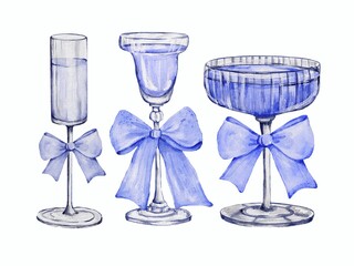 Blue festive champagne glasses with bow watercolor illustration