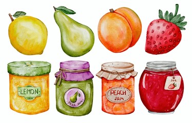fruit jams in a glass jar, watercolor illustration