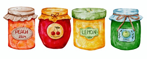 Set of fruit jams in a glass jar, watercolor illustration