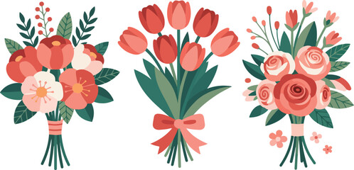 Three bouquets of flowers in vector illustration