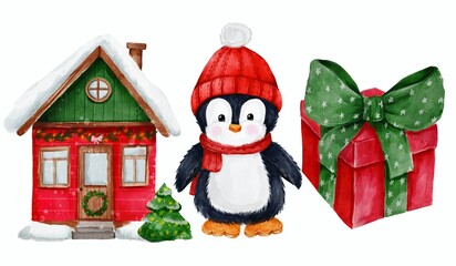 Christmas penguin decor toys watercolor illustration