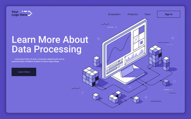 Modern computer analyzing digital information clusters on purple background. Data processing landing page isometric template. Technology of datasets collection 3d vector illustration for web page