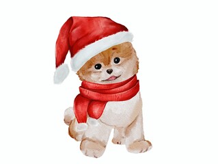 Christmas dog in a hat watercolor illustration