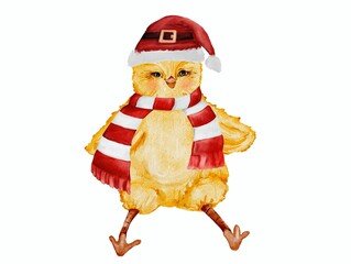 Watercolor chicken in a Santa Claus hat, hens