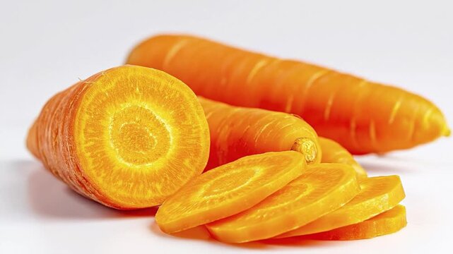 A vibrant and appetizing close-up of fresh, raw carrots, meticulously arranged on a clean white background. The composition features both whole, unpeeled root vegetables and perfectly cut, bright oran