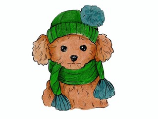 Christmas dog in a hat watercolor illustration