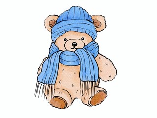 Christmas bear in a hat watercolor illustration