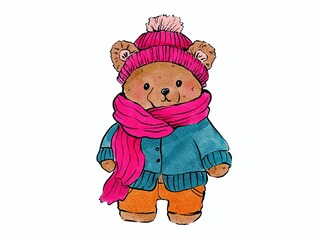 Christmas bear in a hat watercolor illustration