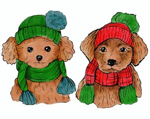 Christmas dog in a hat watercolor illustration