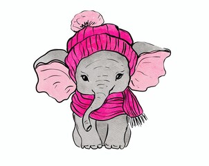 Cute elephant in a pink scarf illustration