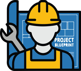 Engineer with blueprint and wrench vector illustration