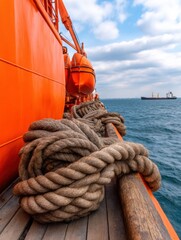 Obraz premium vibrant image showing thick ropes coiled on a wooden deck with an orange vessel beside calm blue waters and ships in the distance under a cloudy sky.