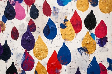 Obraz premium An explosion of bold raindrop shapes in crimson, cobalt, and gold splatter chaotically across a textured canvas, forming layers of motion and vibrant energy --
