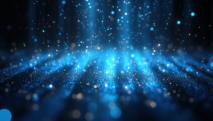A mesmerizing blue scene featuring sparkling particles, resembling a dreamy atmosphere filled with light and movement.