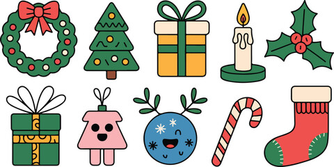 Festive christmas icons arranged on a white sheet