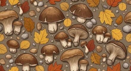 Fototapeta premium Autumnal Feast A Seamless Eco Motif of Mushrooms and Fallen Leaves, Perfect for Designs
