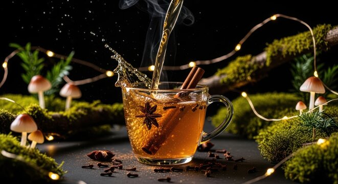 Magical forest ambiance with a steaming glass of spiced tea, cinnamon stick, star anise, cloves, mossy branches, and fairy lights, creating an enchanting atmosphere