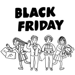 black friday sale shopping vector with adorable human cartoon flat design showing retail consumer crowd and festive bargain