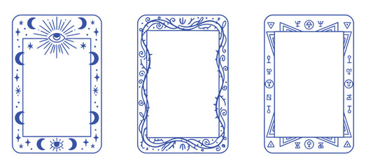 Three stylized tarot cards with intricate borders featuring celestial, floral, and alchemical designs