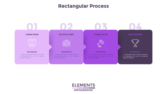 Four colorful square elements with thin line symbols inside and pointers connected into row. Concept of 4 successive steps of strategic plan. Creative infographic design template. Vector illustration.