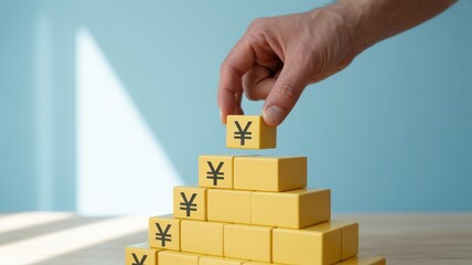 Building a pyramid of yellow blocks with japanese yen symbols, representing financial growth, investment, and currency appreciation against blue wall