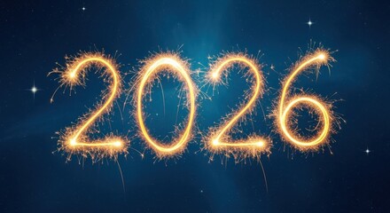 The year 2026 written in golden sparklers on a dark blue background
