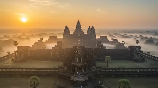 Angkor Wat temple at sunrise, Siem Reap, Cambodia. Aerial view of ancient landmark