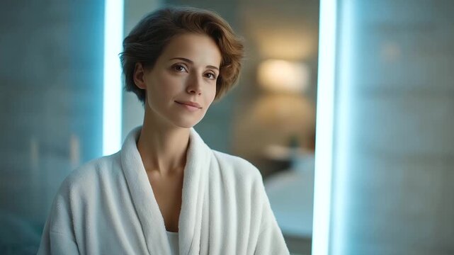 young woman practicing mindfulness guided by app on smart mirror soft ambient tone futuristic wellness three quarter wide angle cinematic color correction gentle backlight clean