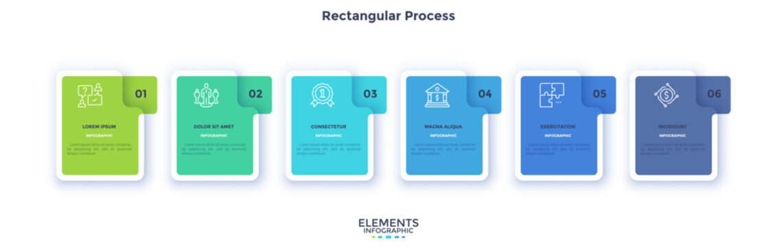 Business model with 6 rectangular frames placed in horizontal row. Concept of six features of startup project. Simple infographic design template. Modern flat vector illustration for presentation.