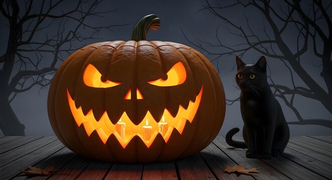 Eerie Halloween forest scene with glowing jack-o’-lantern pumpkin surrounded by bare twisted trees and a mysterious black cat under a foggy full moon night - Powered by Adobe