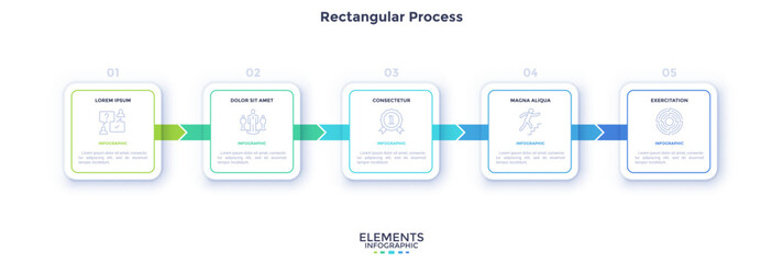 Progress bar with five colorful arrows and paper white square elements placed in horizontal row. Concept of 5 steps to project completion. Simple infographic design template. Vector illustration.