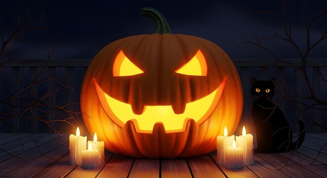 Spooky glowing jack-o&rsquo;-lantern with toothy smile lit by candles on wooden porch beside a curious black cat under moonlight, eerie Halloween night illustration with rustic fall charm