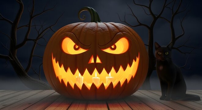 Charming Halloween porch decorated with glowing pumpkin, black cat, and candles surrounded by autumn leaves and rustic wooden textures, cozy seasonal illustration