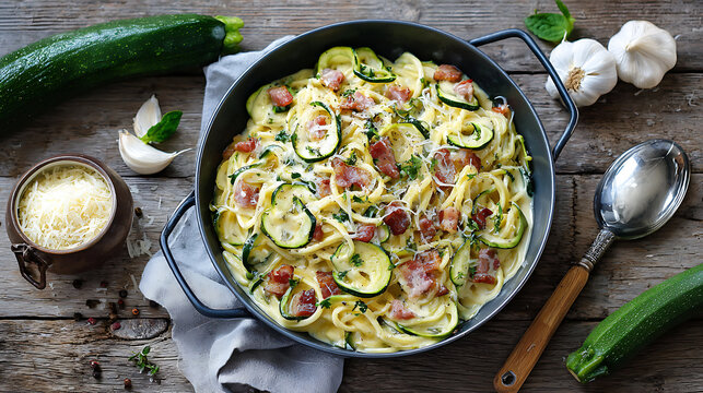 Delicious Zucchini Pasta with Creamy Sauce and Bacon