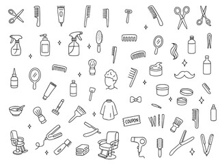 A set of hairdressing tools for styling hair and creating popular haircuts. Scissors, hair dryer, hairpins, combs, and a barber chair in a doodle style. Hand-drawn vector illustration.