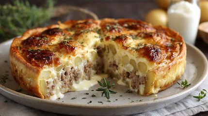 Hearty Baked Meat and Potato Pie with a Golden Crust and Creamy Interior