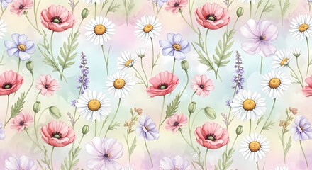 Seamless Watercolor Floral Pattern Poppies, Daisies, Lavender on a Pastel Background