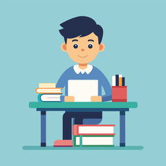 Student Studying at Desk with Books and Papers