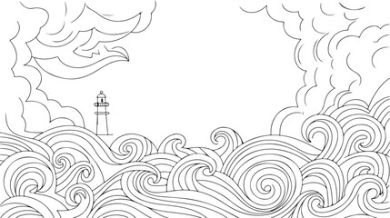 Stylized black and white illustration of a solitary lighthouse standing tall amidst swirling ocean waves and dramatic cloudy skies