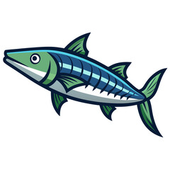 Fototapeta premium Illustration of a cartoon barracuda fish with blue and green scales, a predatory marine animal in a simple style