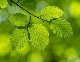 Fototapeta na wymiar Branch of green leaves in soft sunlight, blurred background