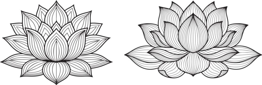 Two intricately detailed black and white line art illustrations of blooming lotus flowers with symmetrical petal patterns and decorative elements