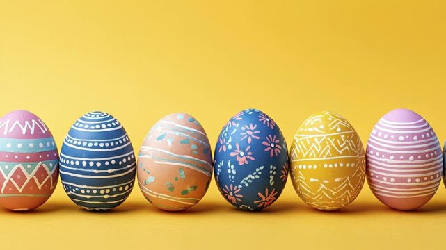 A vibrant line of beautifully decorated eggs is meticulously arranged across a bright, solid yellow background. Each egg showcases unique and cheerful hand-painted patterns, including stripes, dots, f