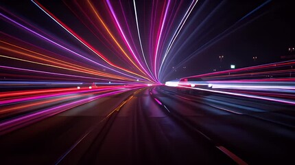 Long exposure shot capturing car trails and headlights on a dark road at night. Motion blur - Powered by Adobe