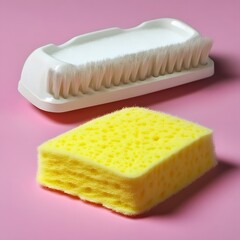 Sponge and Brush on Pink Background for Cleaning Supplies Concept Still Life