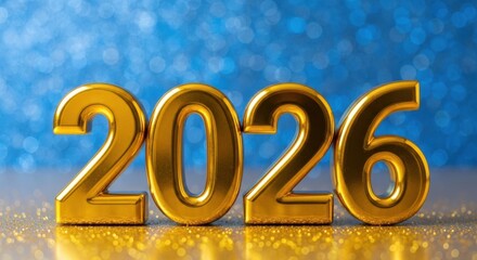 Golden 2026 numbers on blue glitter background for happy new year celebration